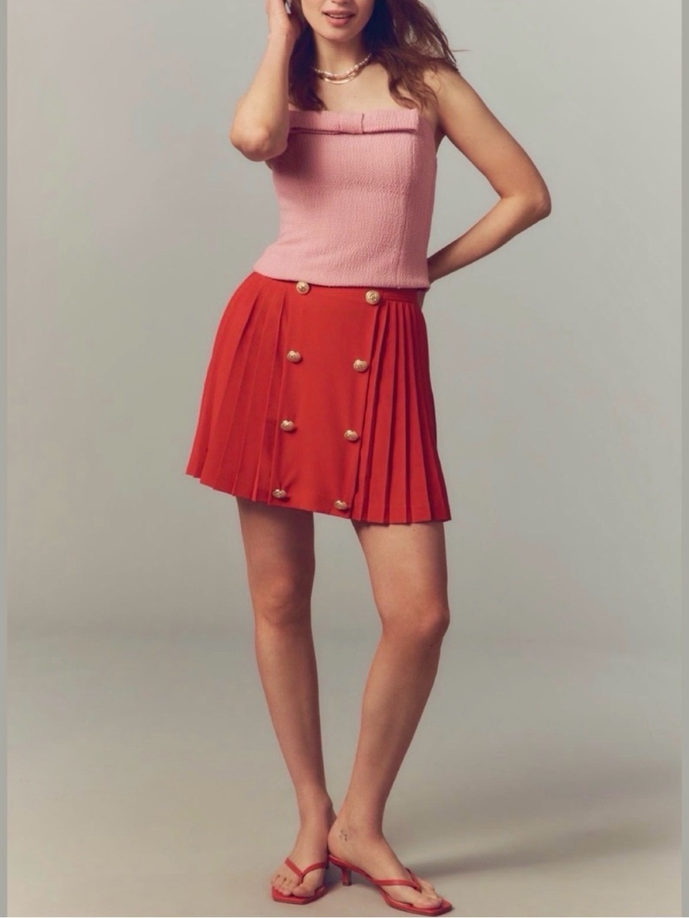 Anthropologie Red Pleated Mini Skirt with Gold Buttons
